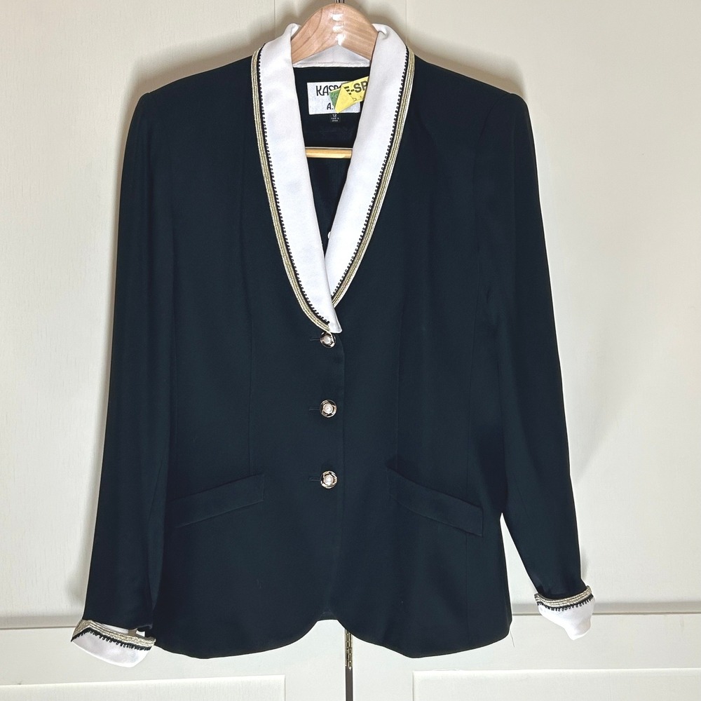 Vintage Kasper ASL Blazer Women 12 Black White Tuxedo Jacket Pearl Button Formal